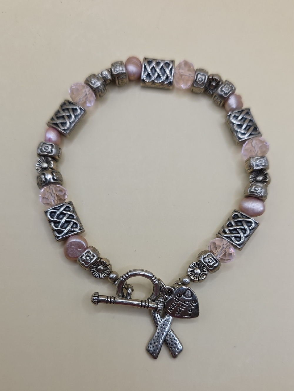 Pink Crystal Bead and Silver Ribbon Charm Toggle Bracelet